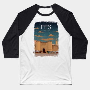 Fes Morocco Vintage Minimal Retro Travel Poster at Night Baseball T-Shirt